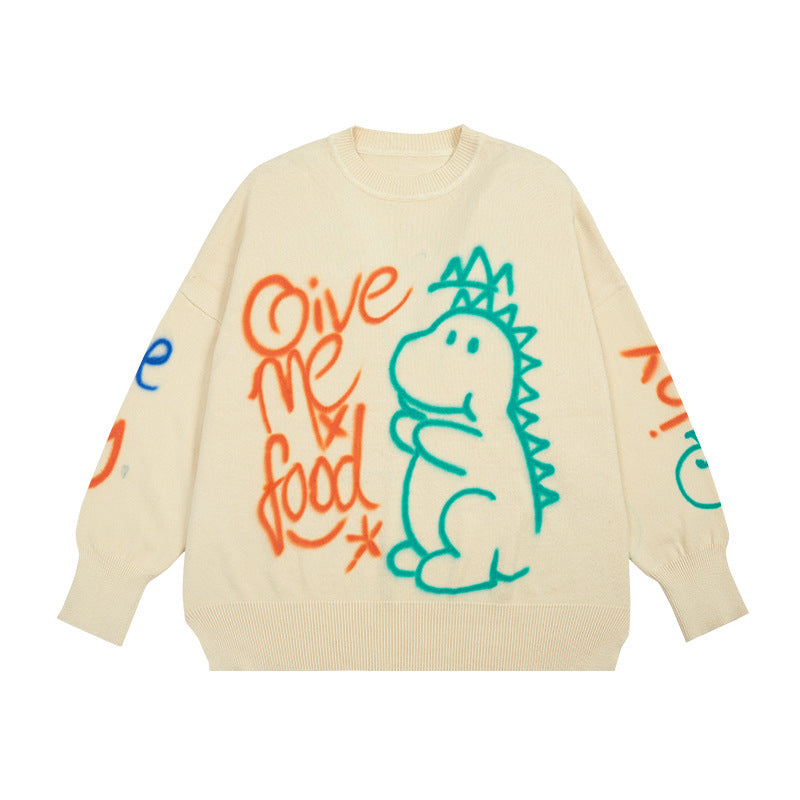 Men's Graffiti Print Loose Knit Sweater in Black & Apricot