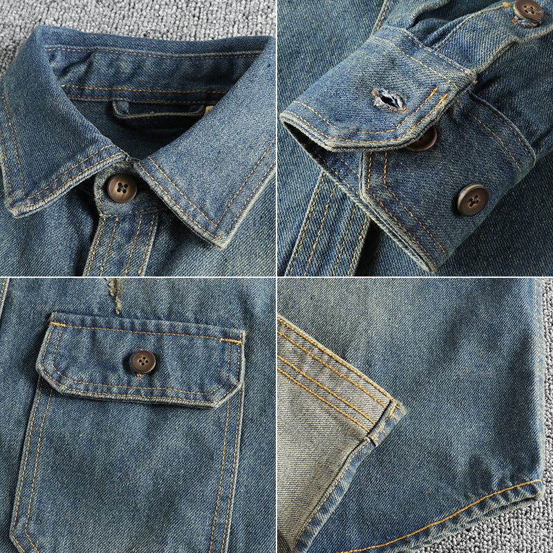 Vintage Washed Cotton Denim Shirt for Men in Light & Dark Blue