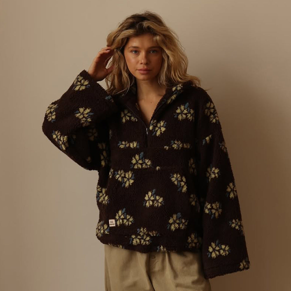 Sweat-shirt pull en agneau avec fermeture éclair et grande poche motif fleurs d'hiver