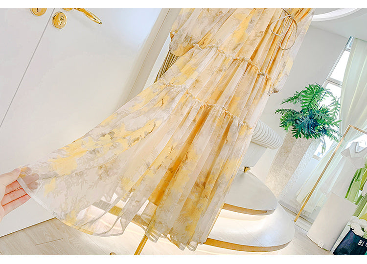 Women's Floral Chiffon Dress with Round Neck, One Size