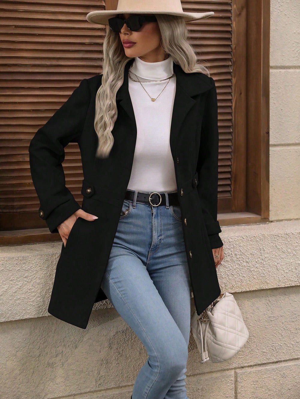 Elegant Single-Breasted Woolen Mid-Length Coat for Women with Buttons and Lapel