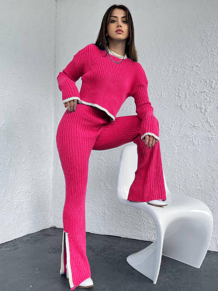 Lazy Color Contrast Women's Knitted Sweater Suit