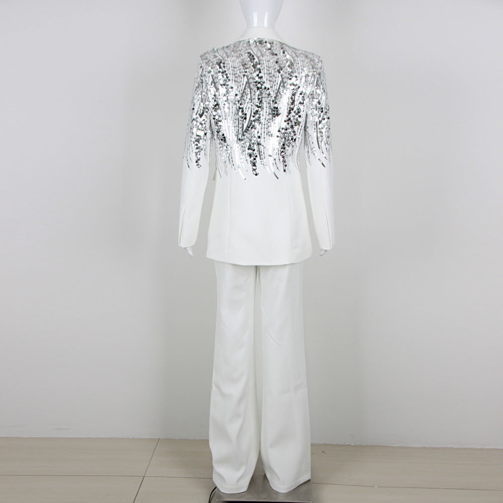 Ensemble deux pièces pour femme : pantalon ample et haut à sequins blancs