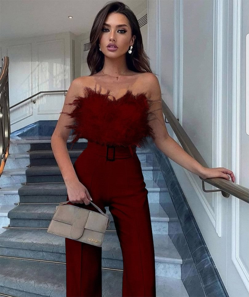 Feather Tube Top Jumpsuit High Waist Polyester