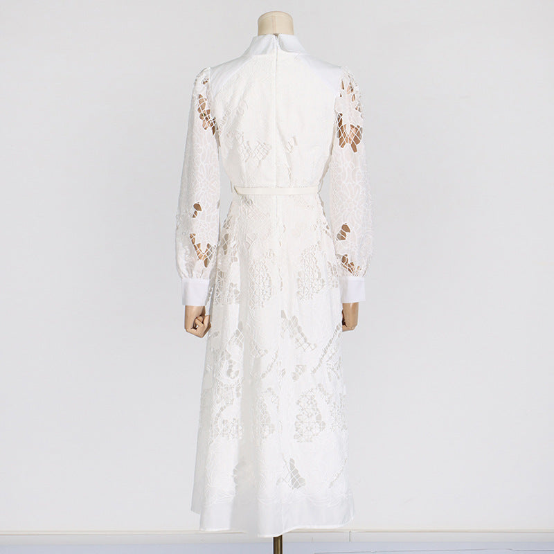 Lapel Long Lantern Sleeve Mid-length With Embroidery Dress