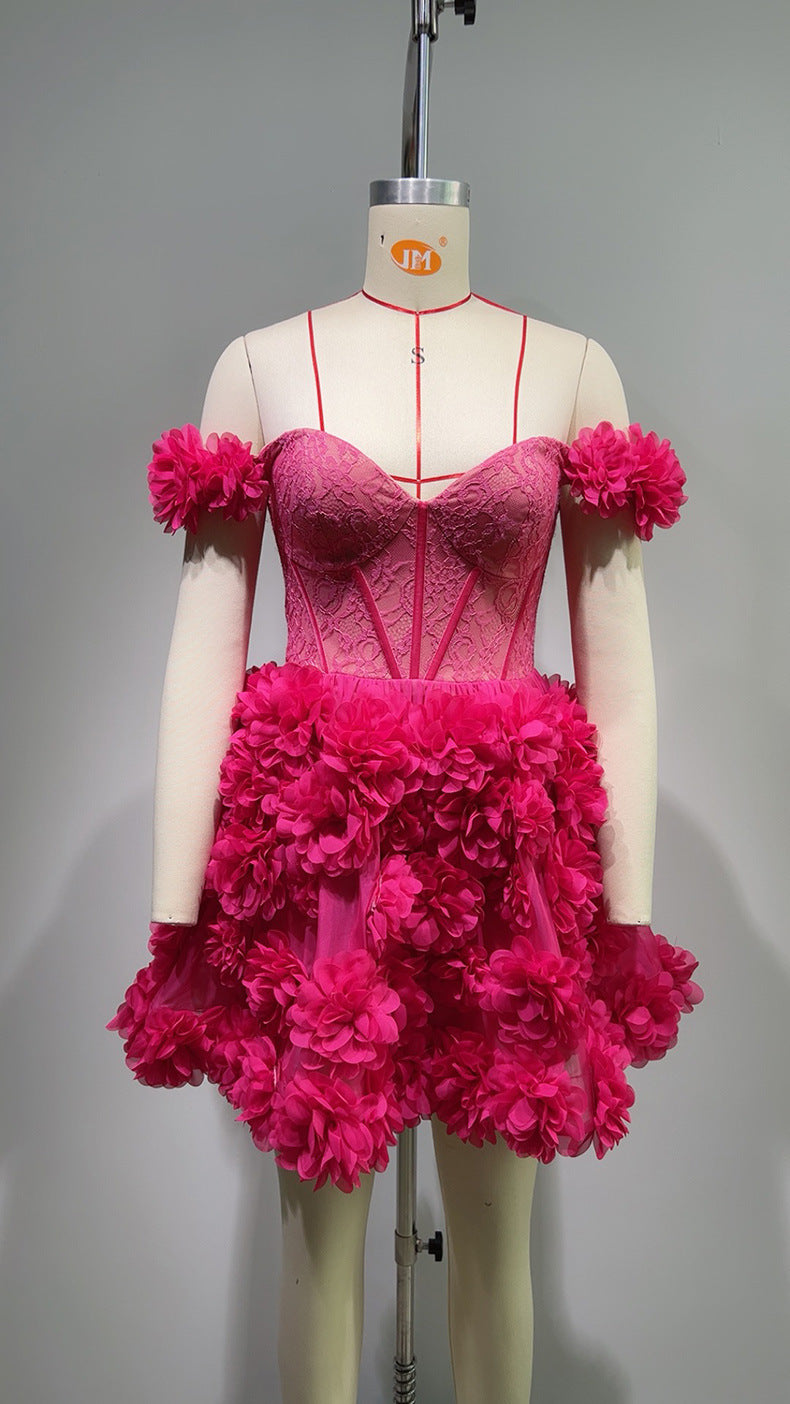 European & American Women's Handmade Dark Pink Flower Gauze Dress Short Sleeve