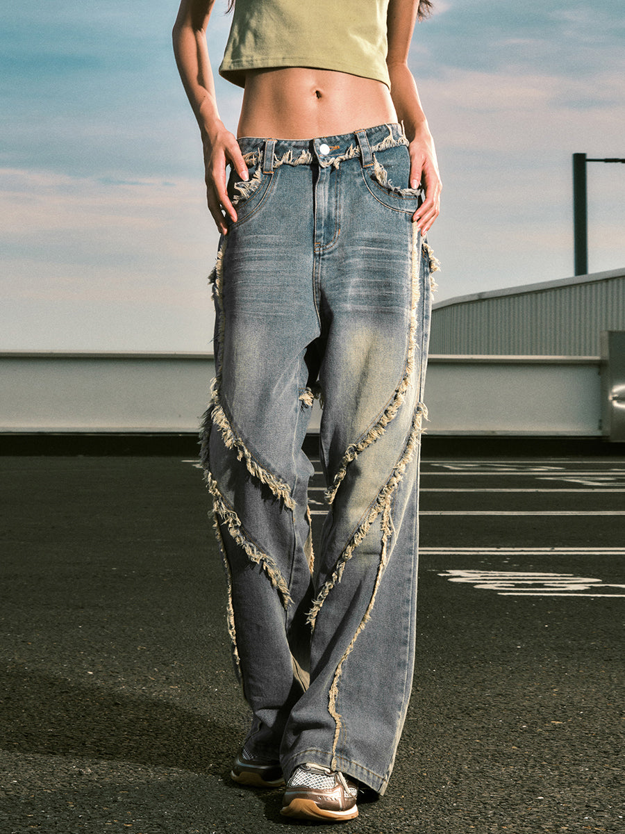 Retro Cotton Blend Jeans for Men and Women in Washed Blue and Black