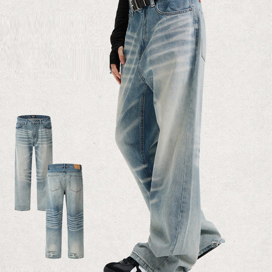 Unisex Crack Blue Straight American Retro Jeans