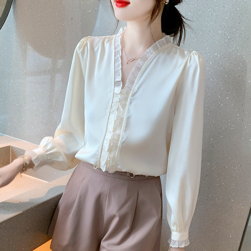 Sweet Wood Ear Apricot Chiffon V-Neck Shirt Women