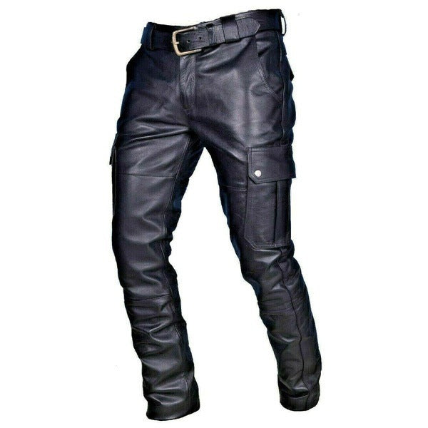 Pure Color Men's PU Strap Casual Leather Pants