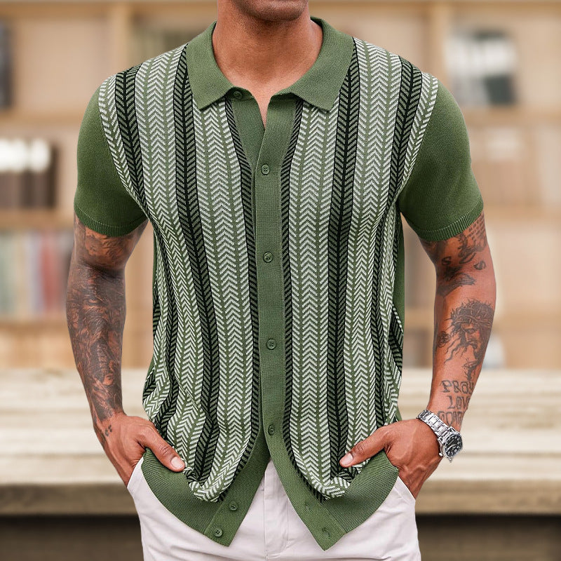 Men's Casual Striped Jacquard Short Sleeve Sweater Summer Sizes M-3XL