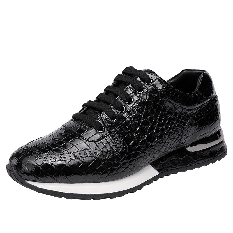 Baskets Rétro Noires Homme en Cuir de Crocodile Lacets Semelle Caoutchouc
