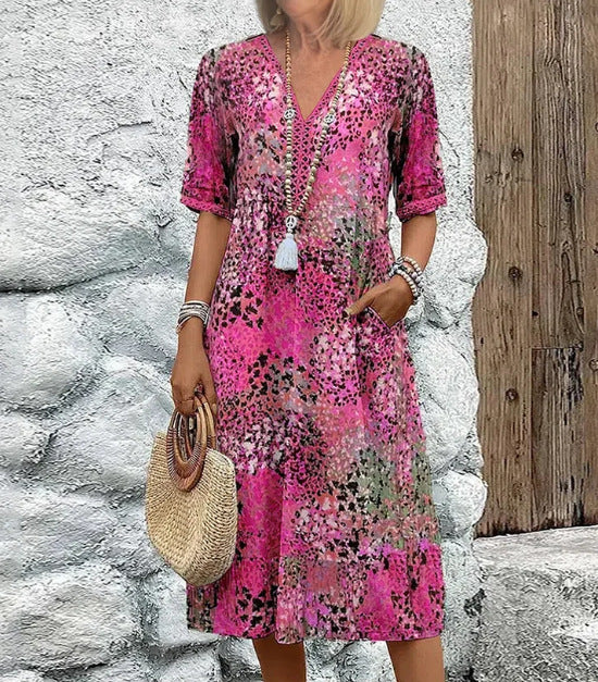 Robe d'été à col en V et demi-manches avec imprimé ethnique et poches pour femme