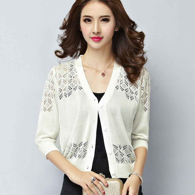 V-neck Short Outer Wear Cardigan Hollow-out Knitted Coat