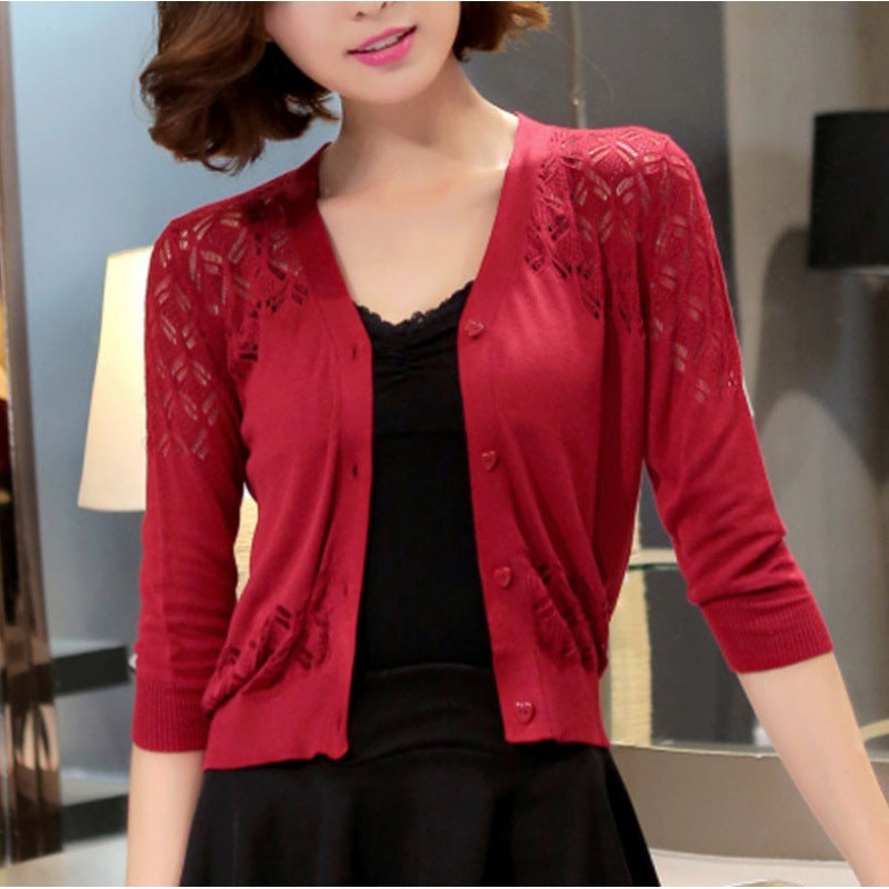 V-Neck Hollow-Out Short Knitted Cardigan Coat