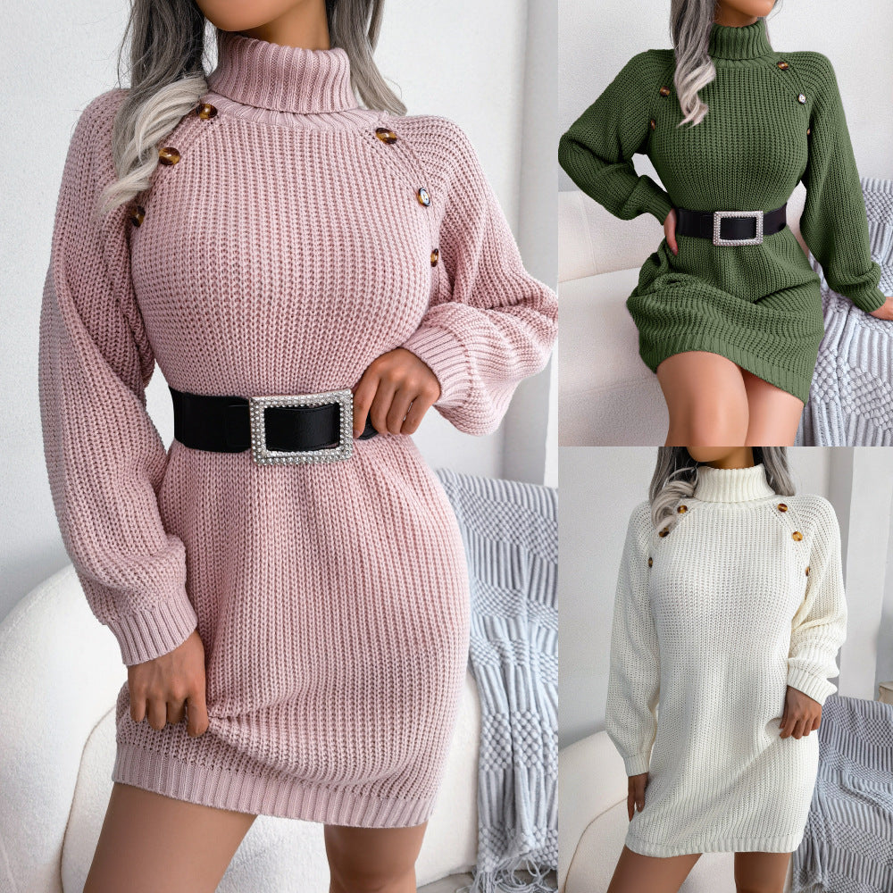 Robe Pull à Col Roulé et Manches Longues Hiver avec Boutons pour Femme