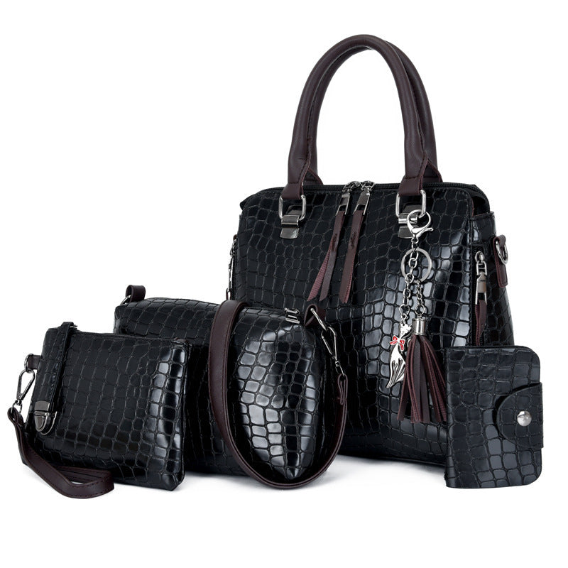 Tassel Portable Snakeskin Pattern Mother Bag Set with Handbag, Crossbody, and Wallet