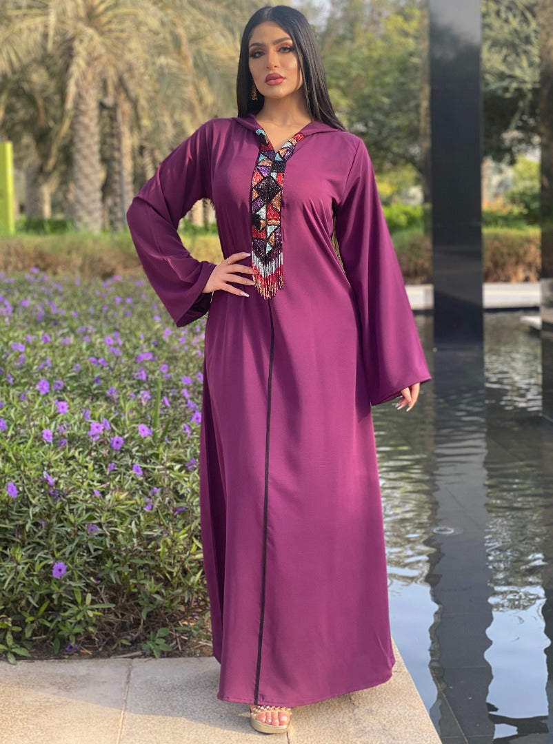 Hooded Robe Purple Abaya Dress With Diamond Tassels Women