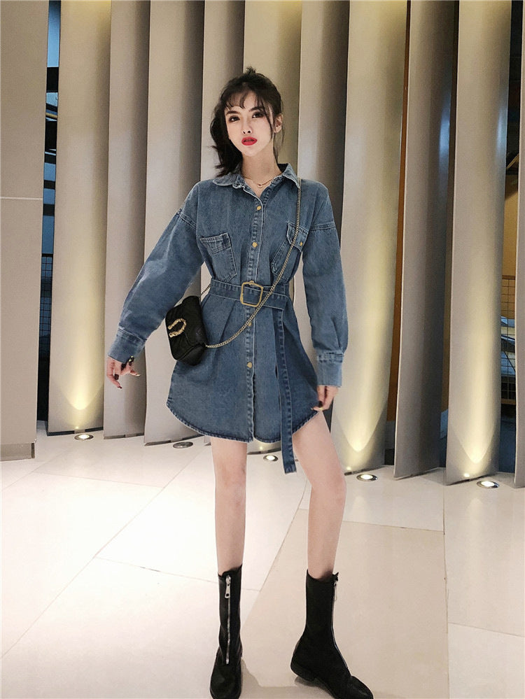 Robe chemise en jean à manches longues coupe ample
