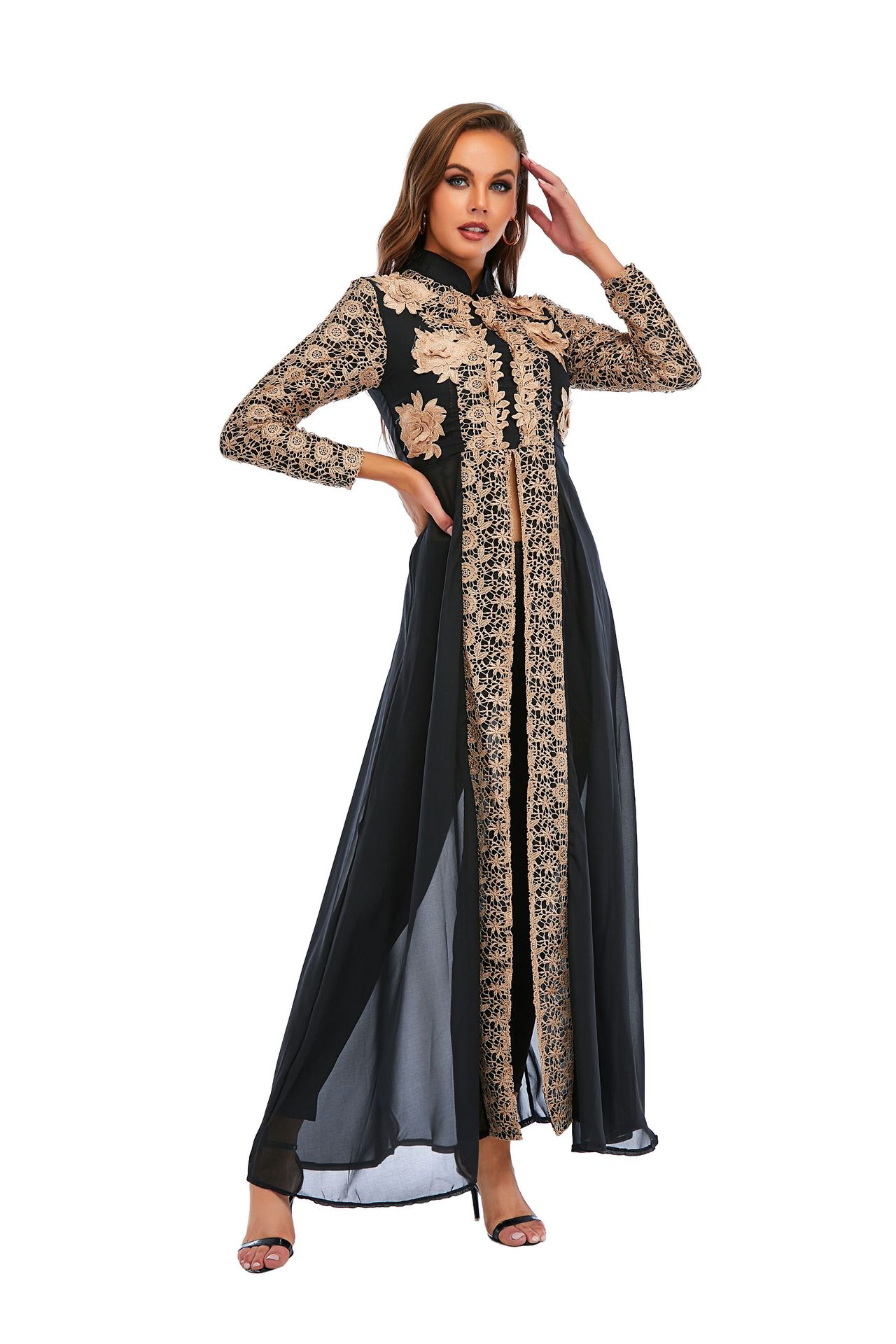 Arabian Women Chiffon Stand Collar Lace Long Sleeve Dress Pants Set