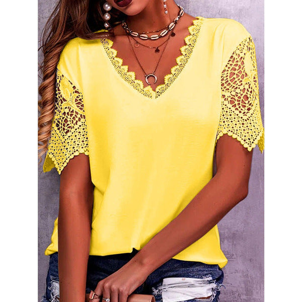 Women’s Summer Lace V Neck Loose Short Sleeve Casual Tops