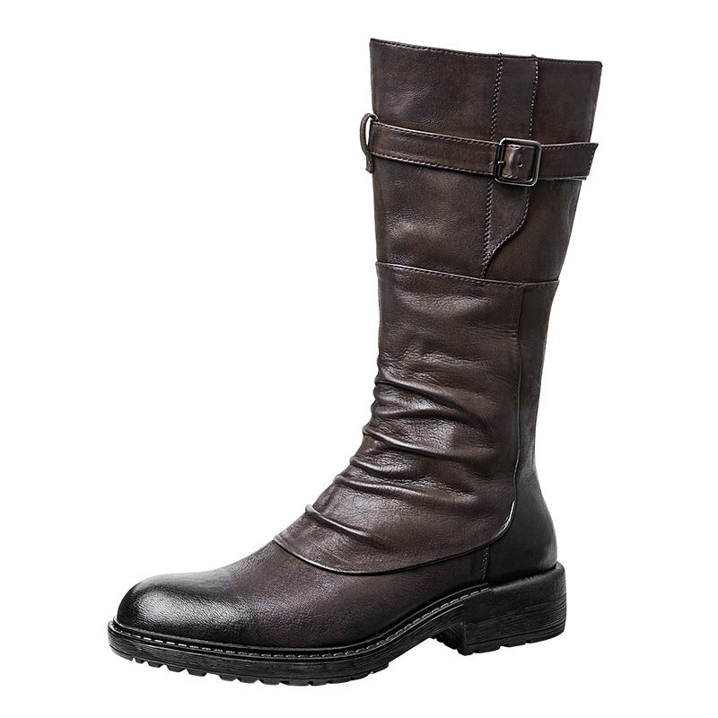 Bottes motardes montantes à plateforme pour hommes avec fermeture éclair latérale