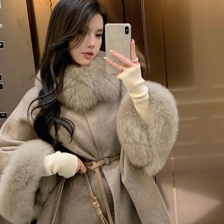 Reversible Mid-Length Cashmere Coat with Fox Fur Collar