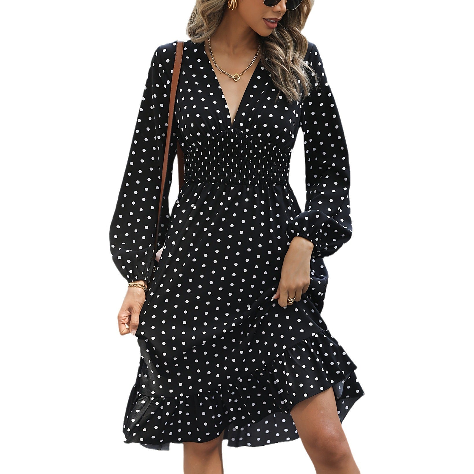 European & American Waist Slimming Polka Dot Long Sleeve Dress
