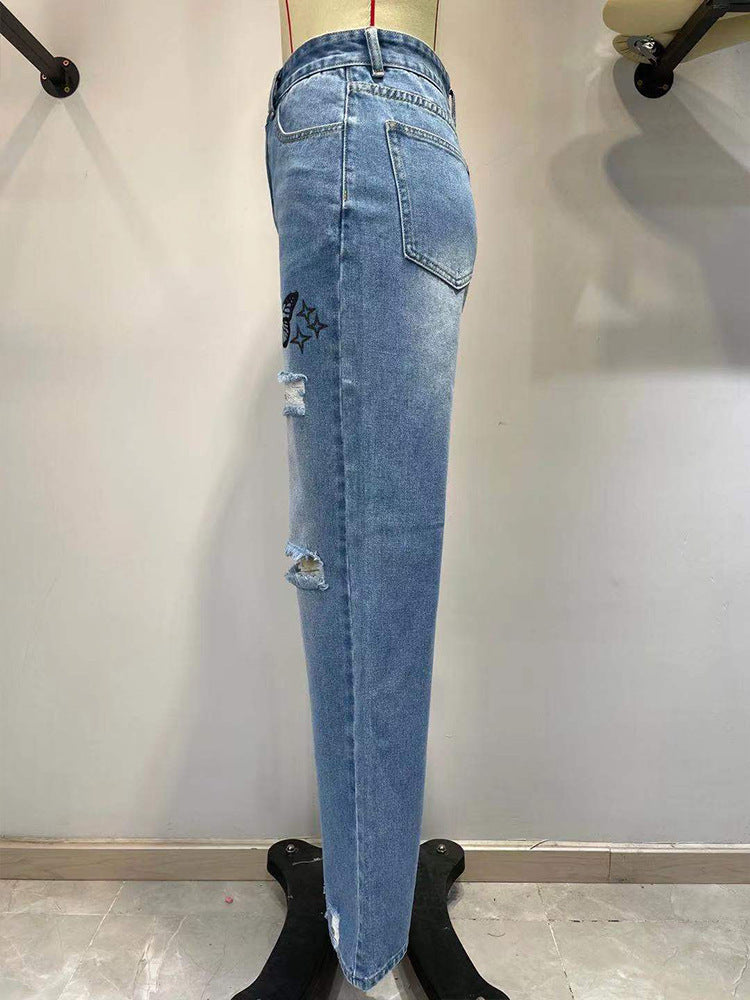 Jeans Femme Taille Haute Jean Large Droit Bleu Clair