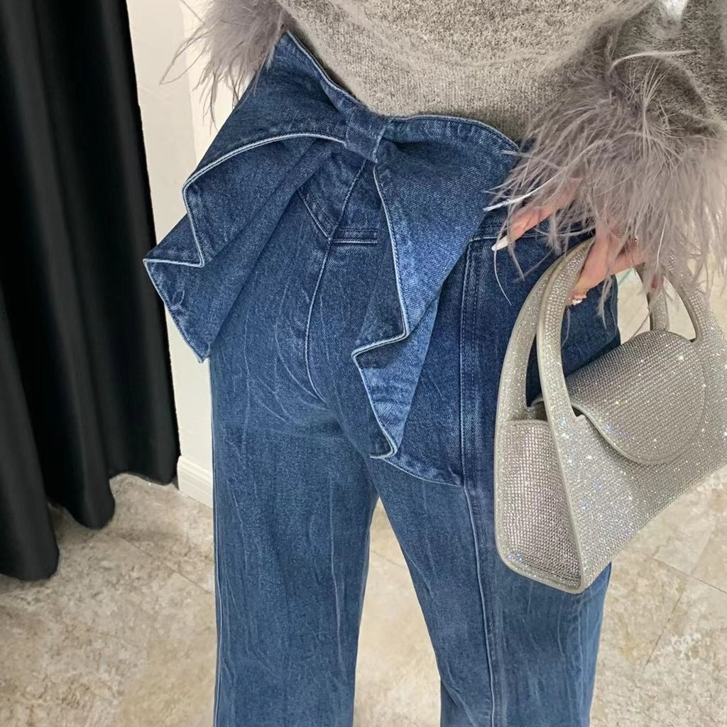 Women's Blue High Waist Cotton Jeans Wide-Leg Straight Trousers