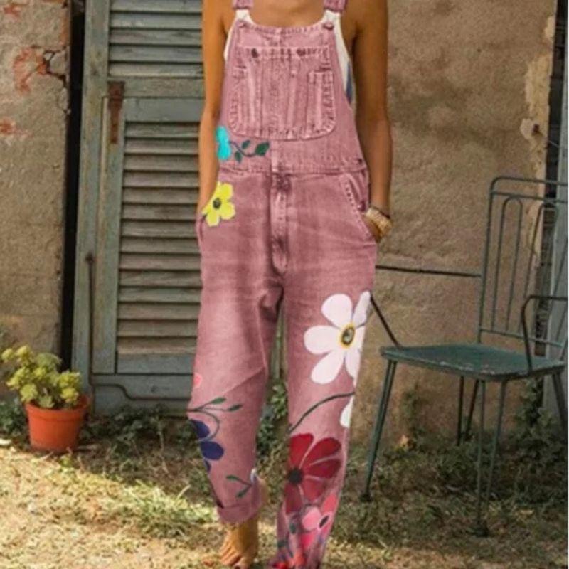 Printed Washed Denim Overalls in Polyester Fiber