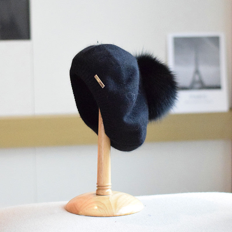 Japanese Style Rabbit Fur Beret Hat for Women, Size M, Winter Warmth, Multiple Colors