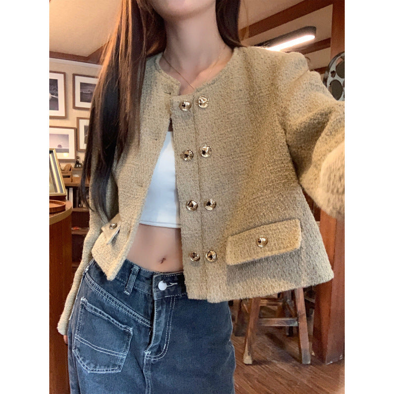 Apricot Round Neck Tweed Short Coat French Style