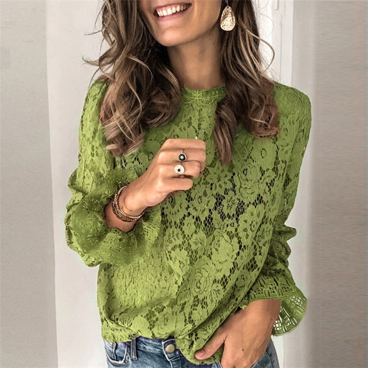 Womens Hollow Lace Long Sleeve Shirt