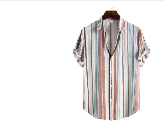 Men's Casual Short-Sleeve Striped Printed Shirt
