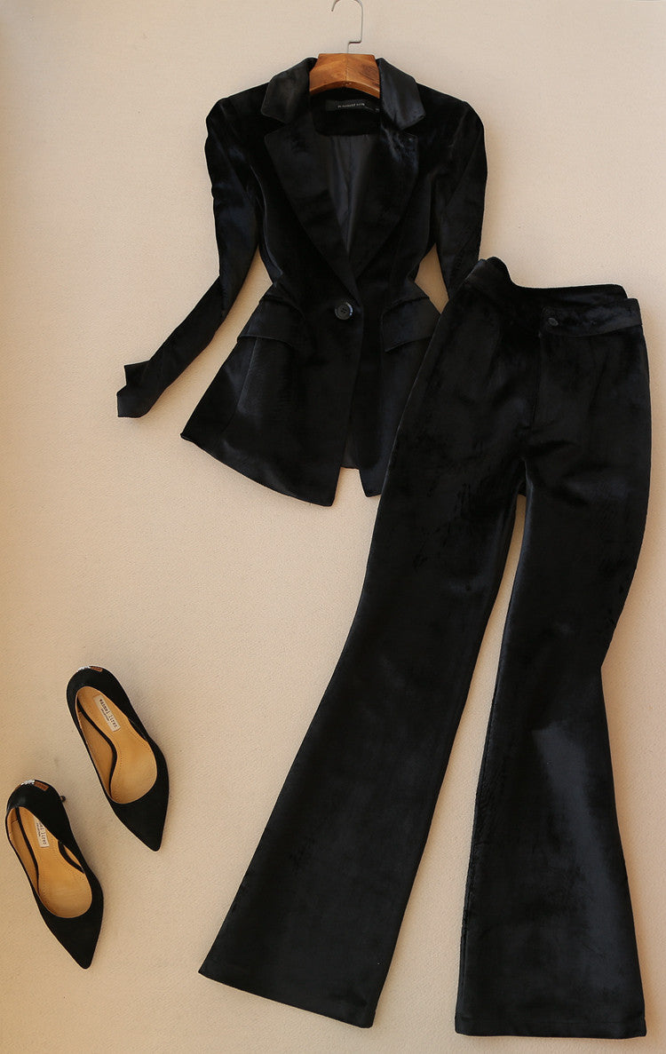 Veste de costume ajustée à manches longues avec pantalon slim taille haute à micro-rabat