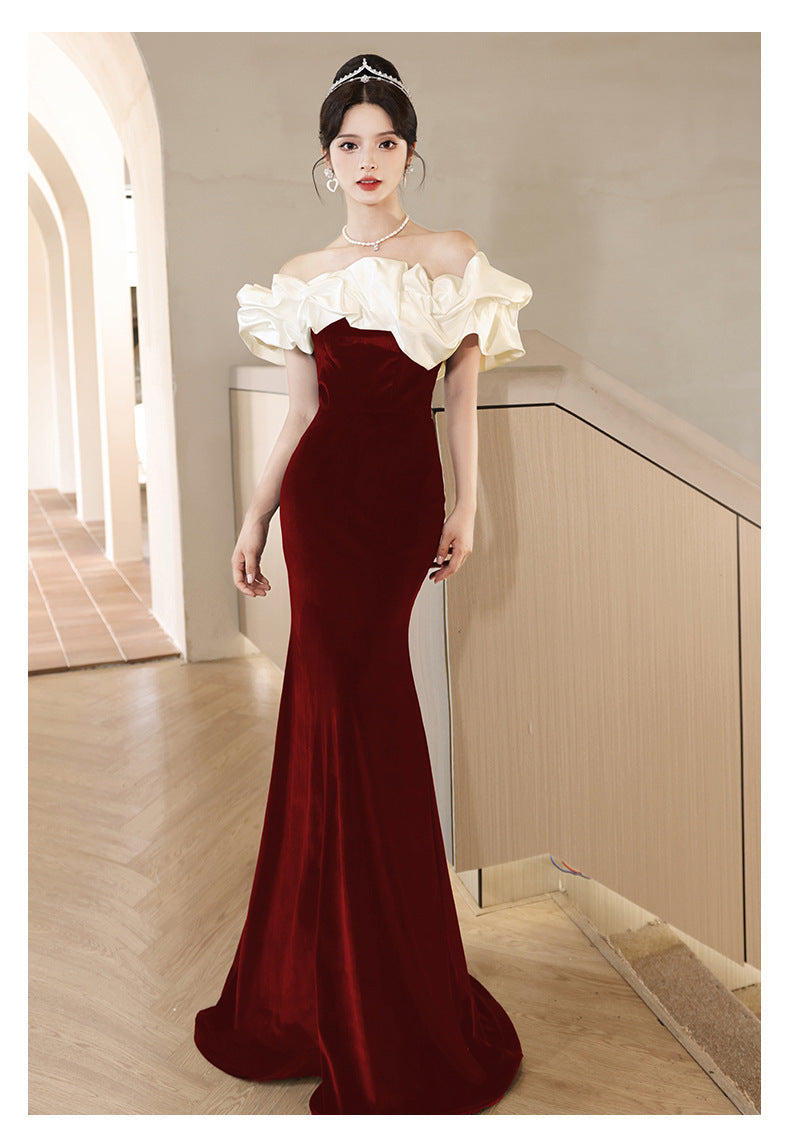 Robe de soirée française pour femmes, style épaules dénudées, en noir et rouge, tailles S-2XL