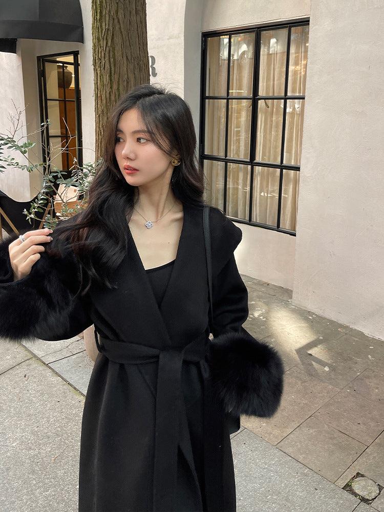 Double-Sided Mink Cashmere Long Coat with Large Lapel