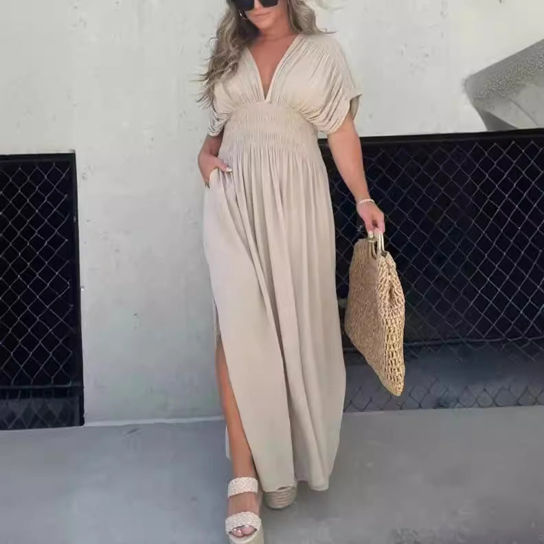 Fashion Bat-Sleeve V-Neck Slit Dress Summer Short Sleeve Elastic Waist Women’s Long Dress