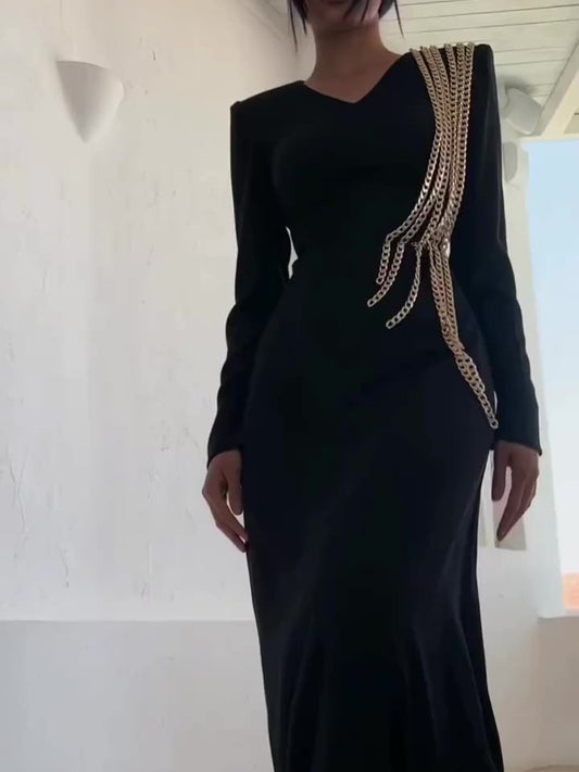 Robe longue arabe à manches longues et chaîne pour femme