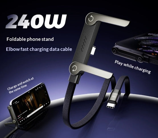 240W Fast Charging Cable with Foldable Phone Stand and 90° Elbow Holder