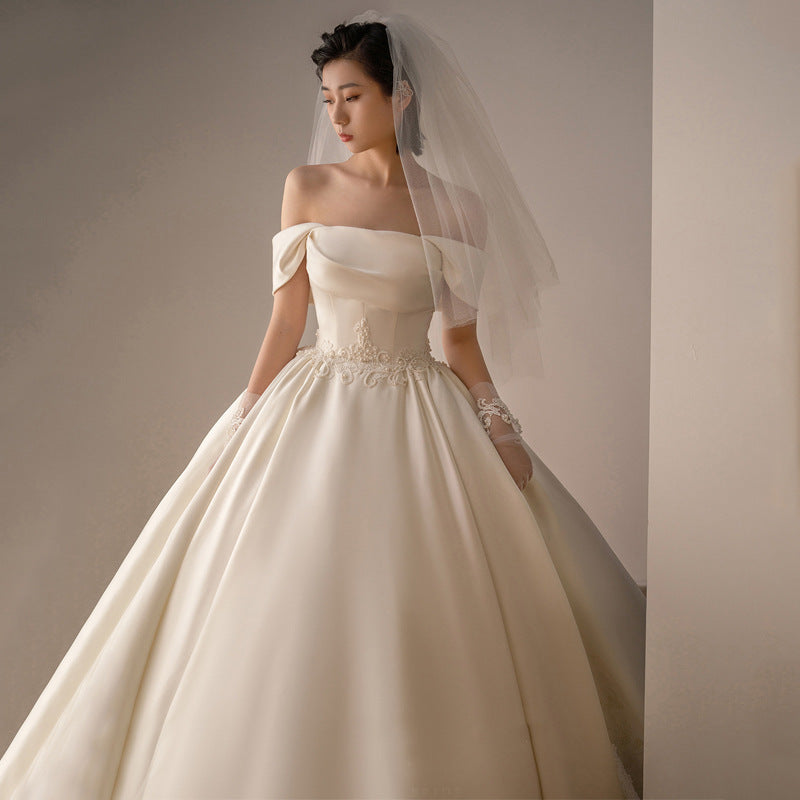 Women's Satin Off-Shoulder Retro Trailing Wedding Dress