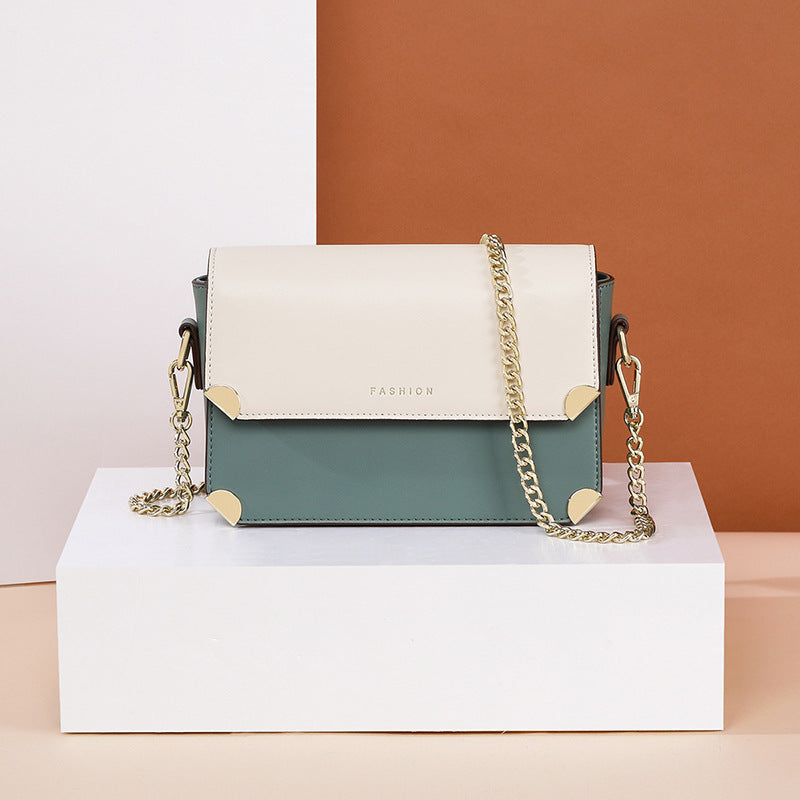 Women's Leather One Shoulder Chain Small Square Bag 19.5x13x6.5cm White Green