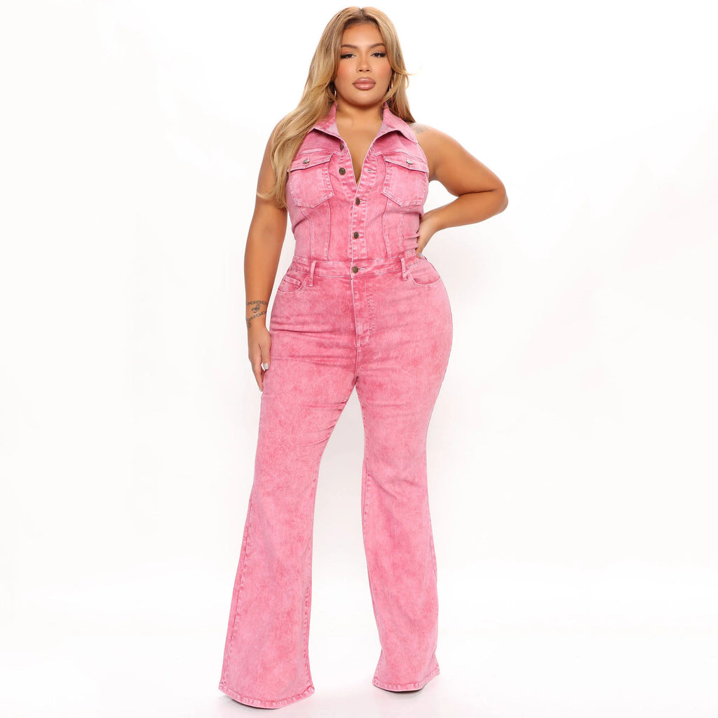 Women's Denim Backless Lapel Workwear Jumpsuit with Pocket
