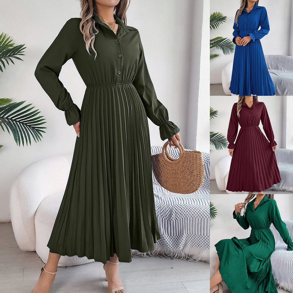 Autumn & Spring Long Sleeve Pleated Dress with Lapel and Button