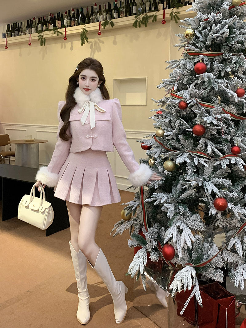 Ensemble tailleur jupe plissée taille haute et haut sans manches à col amovible en fourrure pour femme