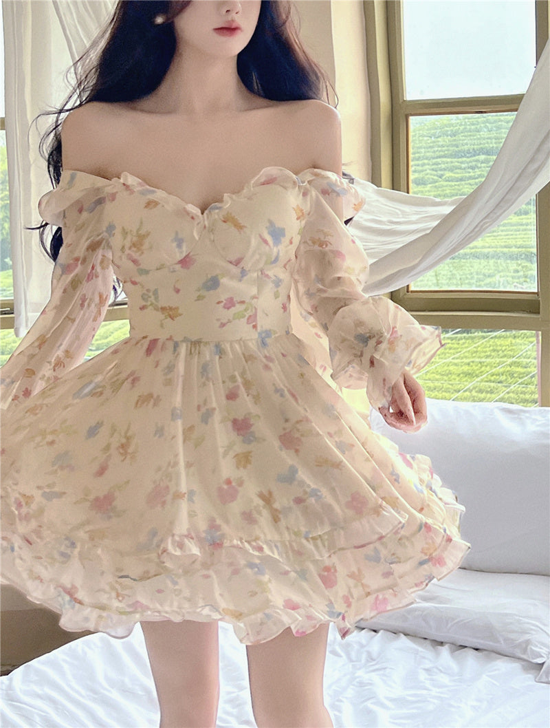 Women's French V-Neck High Waist Floral Chiffon Dress