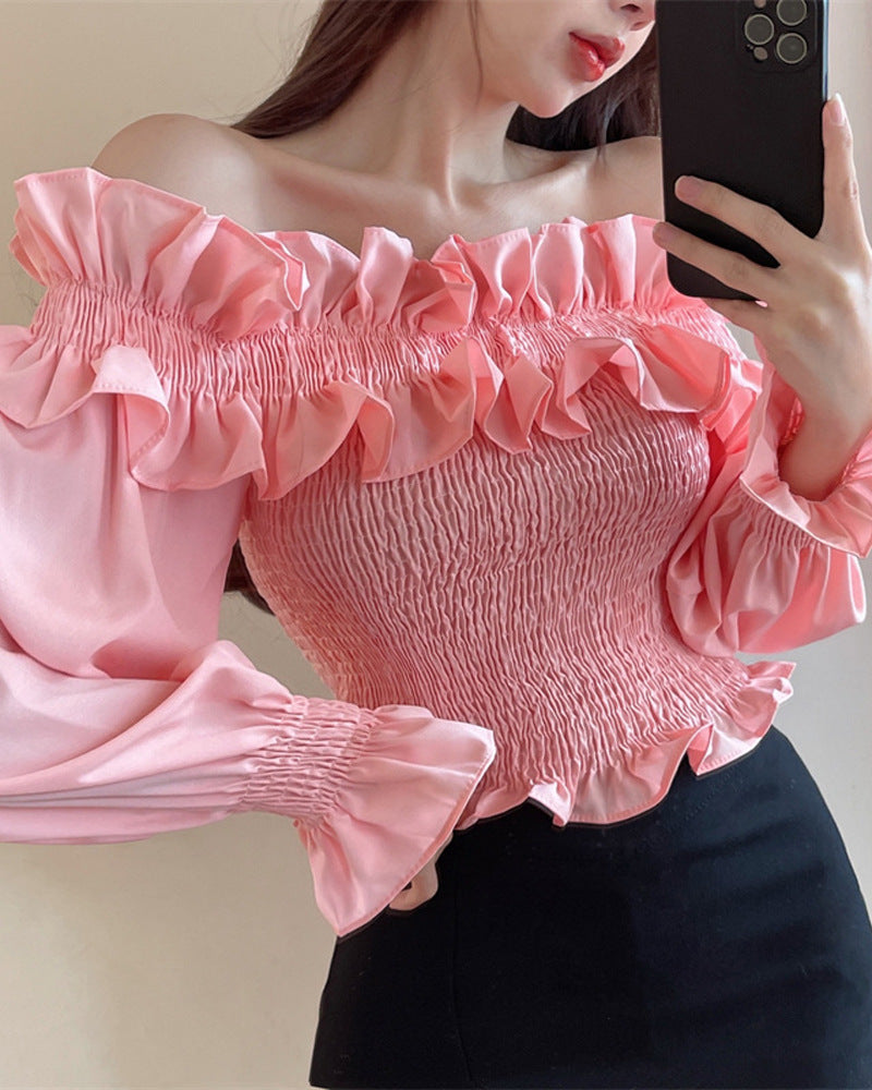 Pink Women's Ruffled Off-Shoulder Tie-Dye Top, Free Size