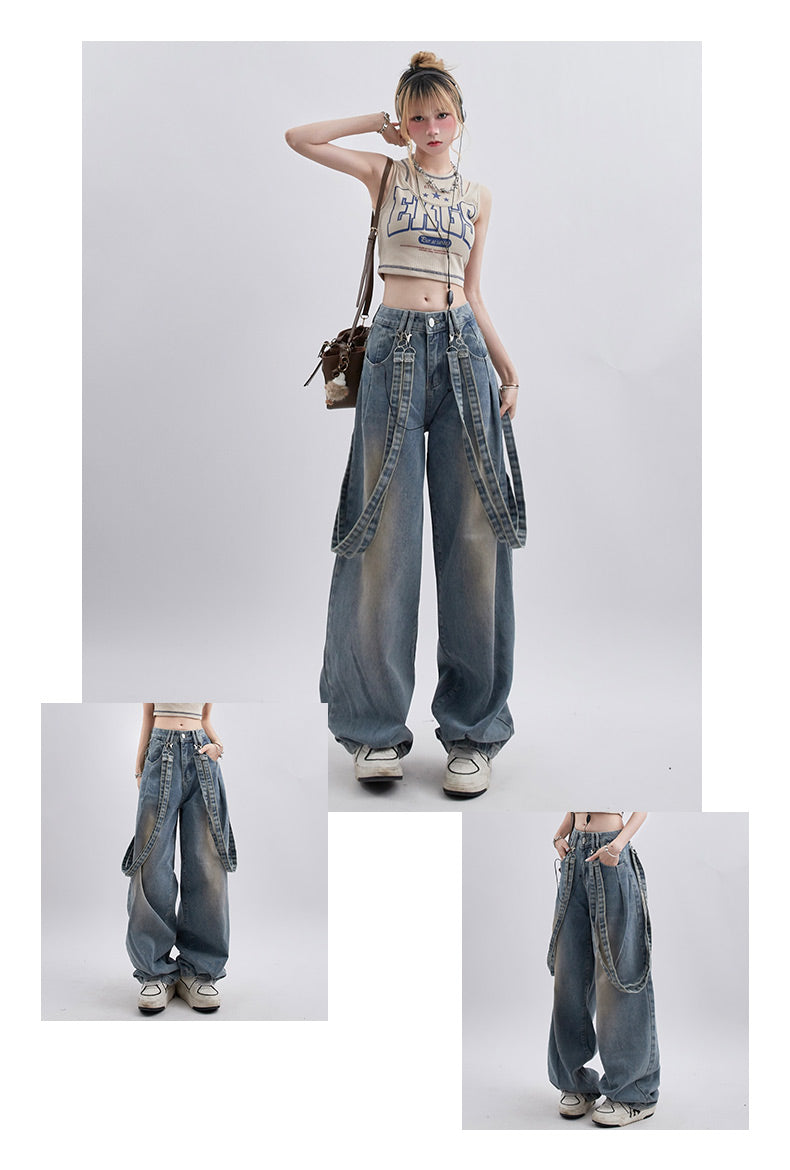 Pantalon en jean délavé décontracté avec motif ruban rétro