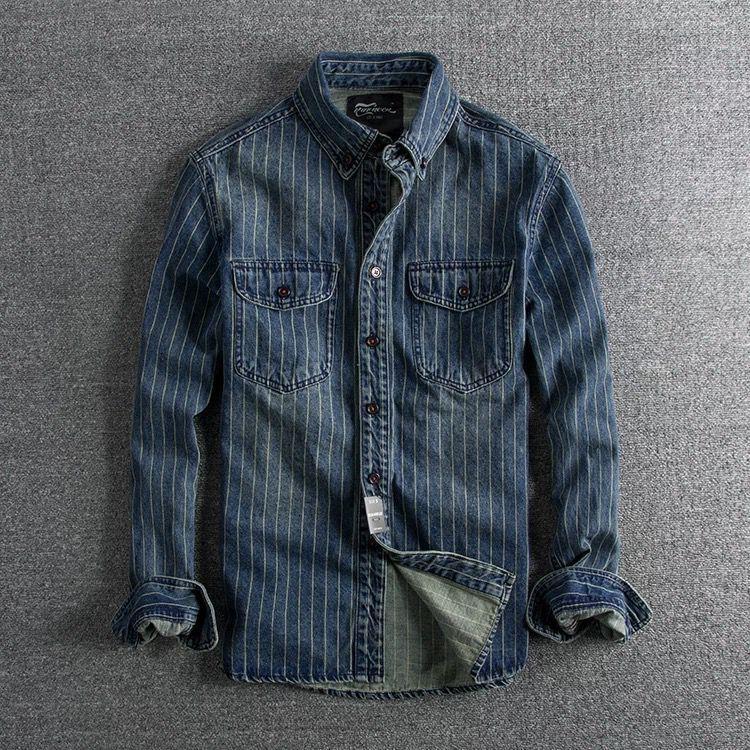 Retro Striped Denim Shirt Long Sleeve Coat Slim Fit